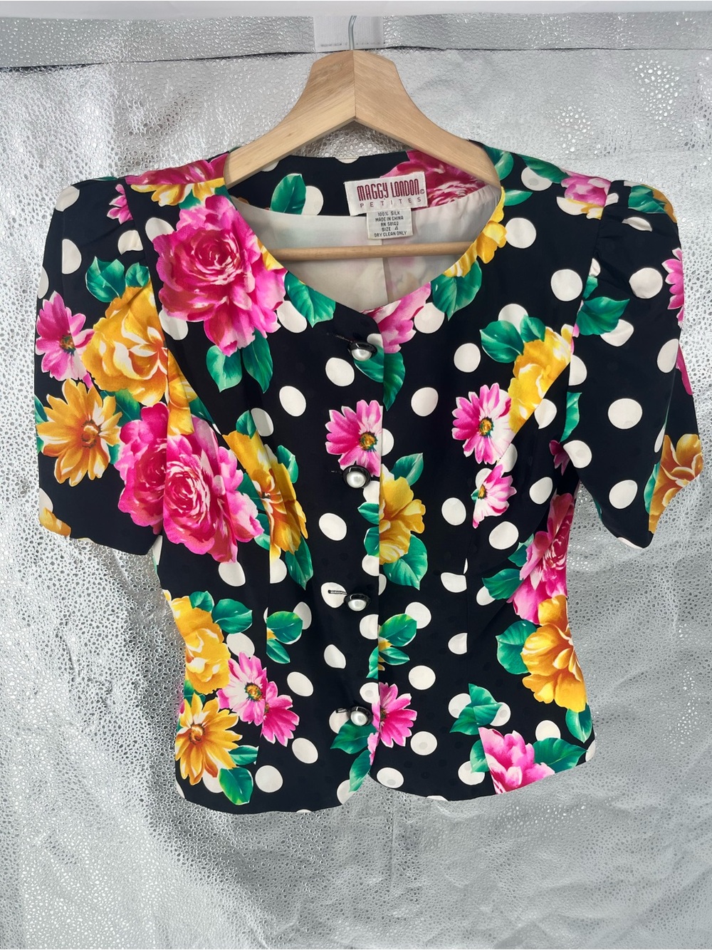 Vtg 100% Silk Maggy London Floral Polka Dot Puff Sleeve Jacket Statement Small 4